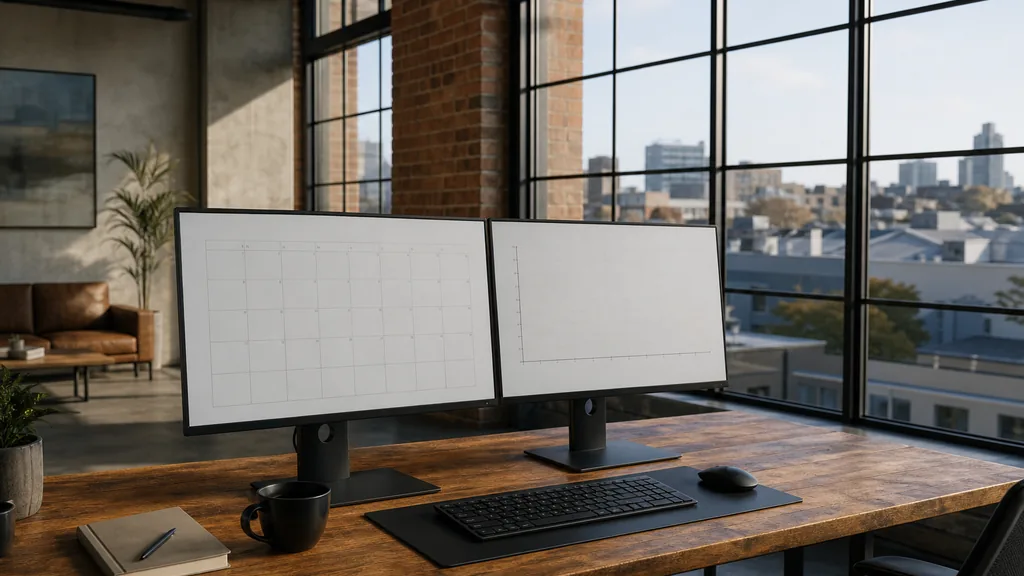 Editorial photograph of an empty marketing agency workspace in a Melbourne warehouse conversion with tall windows onto low rooftops, wide streets and bright southern light