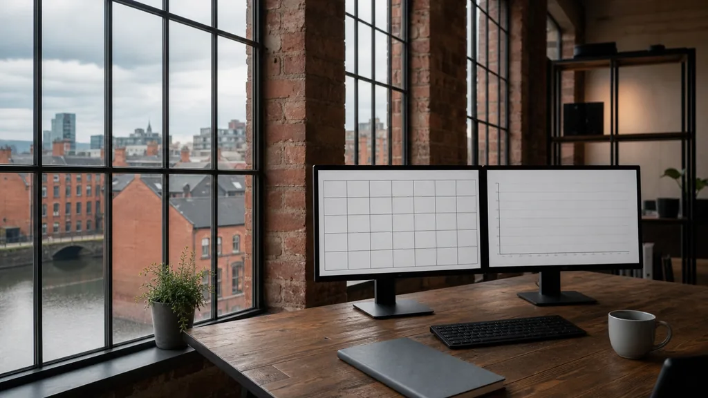 Editorial photograph of an empty marketing agency workspace in a Manchester converted mill with tall industrial windows onto brick rooftops, canal water and low cloud