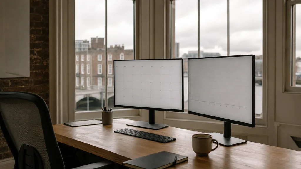 Editorial photograph of an empty marketing agency workspace in a Dublin Georgian office with sash windows onto Georgian rooftops, a river quay and soft grey light