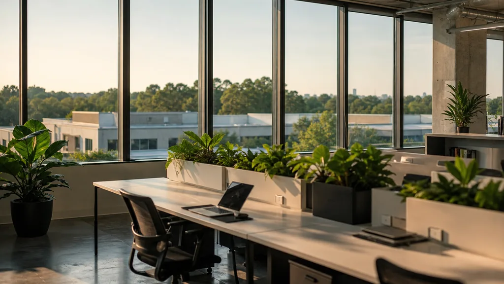 Editorial photograph of an empty marketing agency workspace in an Atlanta office with wide windows onto pine canopy and low rooftops in warm afternoon light