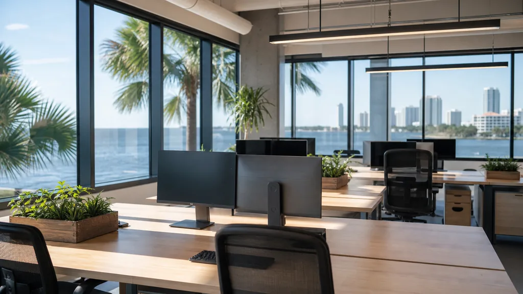Editorial photograph of an empty marketing agency workspace in a Tampa office with pale wood desks and wide windows onto bay water and palms