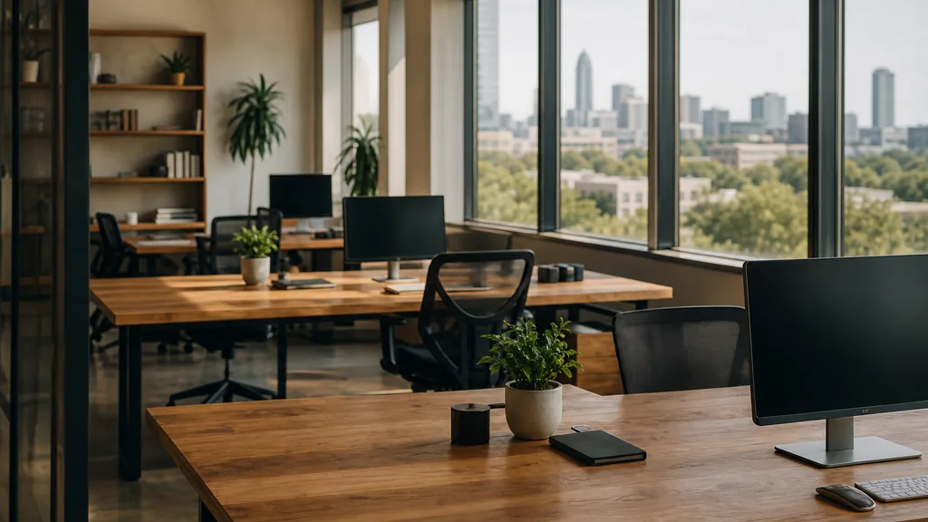 Editorial photograph of an empty marketing agency workspace in a Charlotte office with warm oak desks and tall windows onto tree canopy and low rooftops