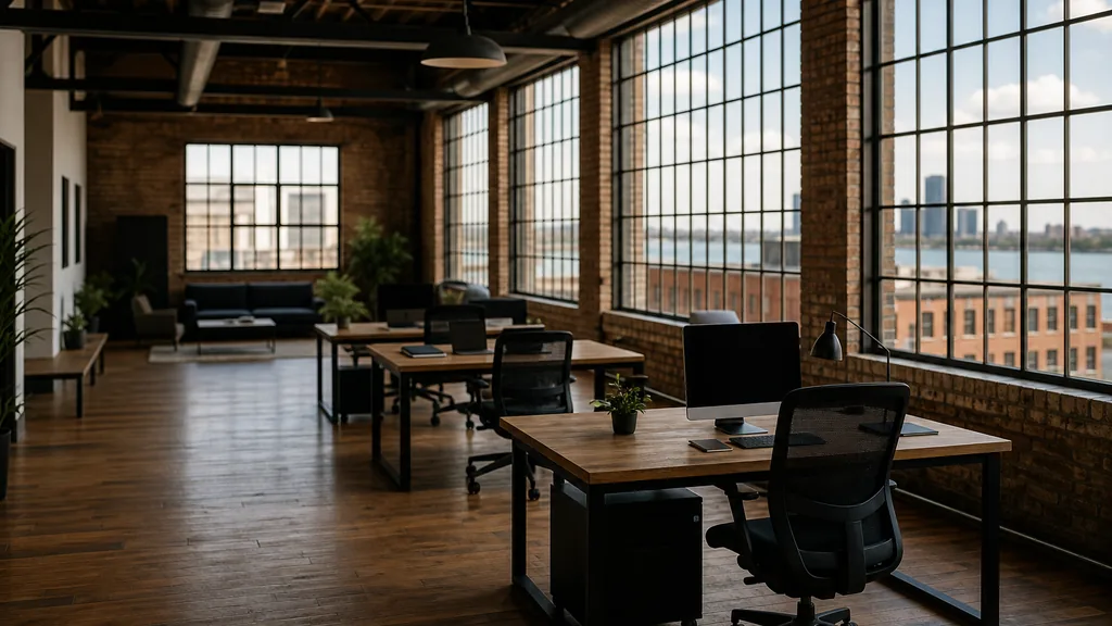 Editorial photograph of an empty marketing agency workspace in a converted Detroit brick building with steel-framed windows onto river water and rooftops