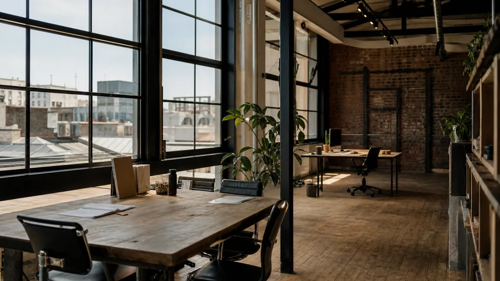 Editorial photograph of an empty marketing agency workspace in a Melbourne warehouse conversion with black steel windows onto low rooftops in bright southern light