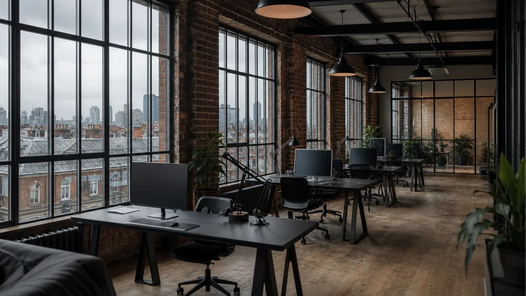 Editorial photograph of an empty marketing agency workspace in a London converted warehouse with steel-framed windows onto terraced rooftops and low cloud