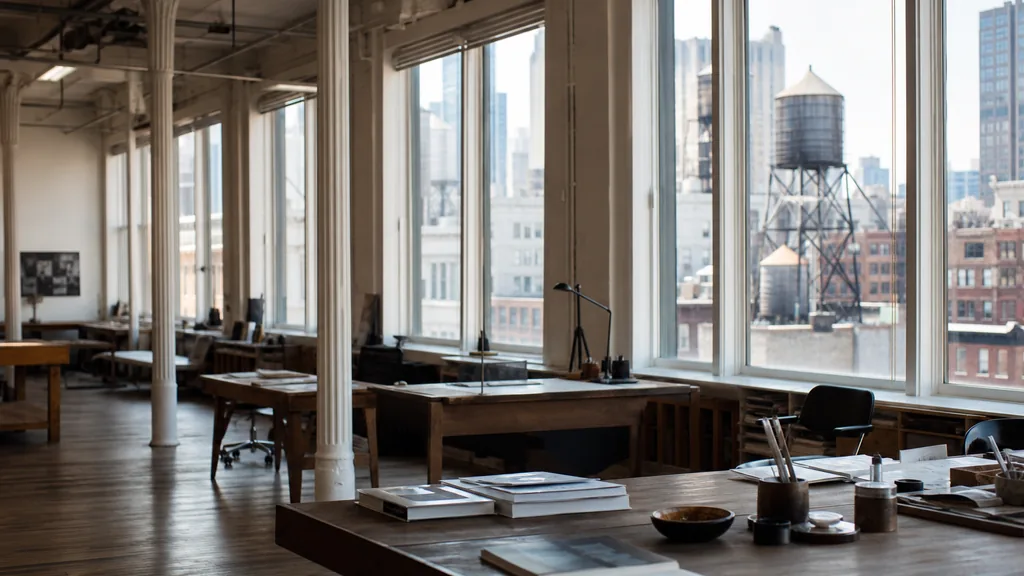Editorial photograph of an empty design studio workspace in a New York loft with cast iron columns, large windows onto water towers and dense rooftops