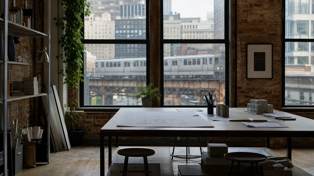 Editorial photograph of an empty design studio workspace in a Chicago loft with exposed brick, wide windows onto elevated tracks and tall rooftops