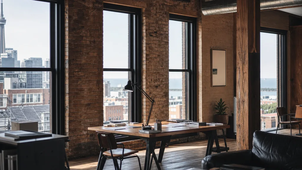 Editorial photograph of an empty design studio workspace in a Toronto brick-and-beam building with tall windows onto low rooftops and lake light