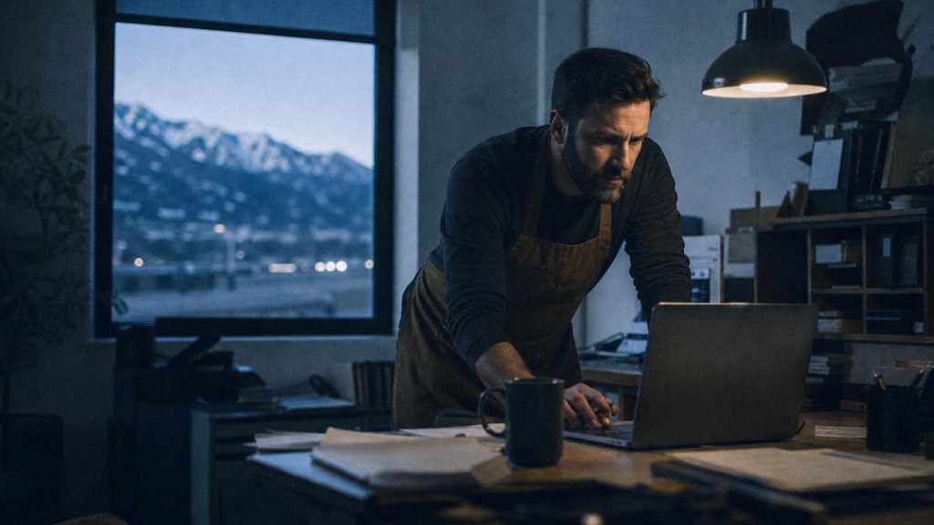 A small-business owner in an apron leaning over a laptop on a cluttered back-office desk late in the day, photographed in Colorado Springs