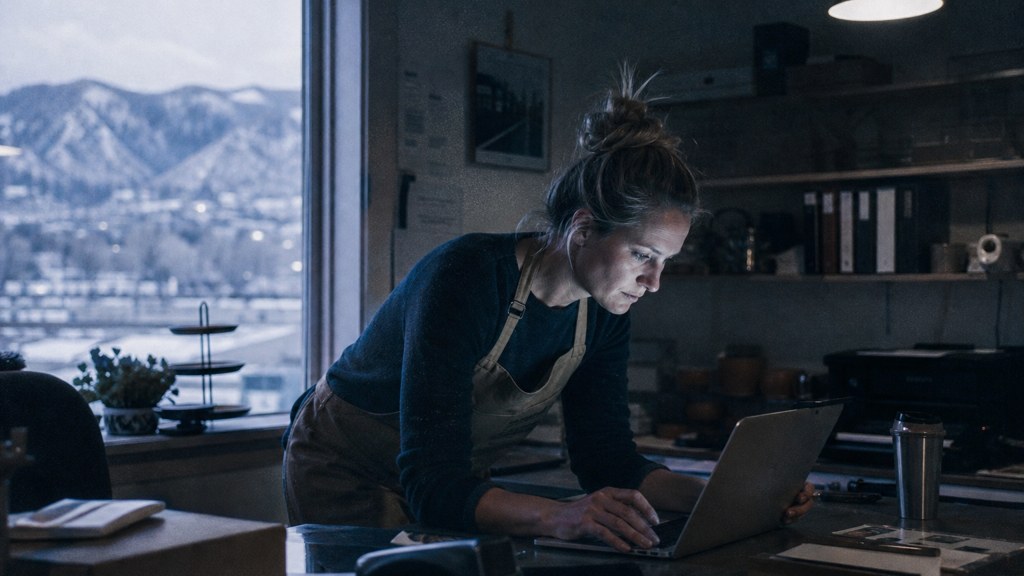 A small-business owner in an apron leaning over a laptop on a cluttered back-office desk late in the day, photographed in Colorado Springs