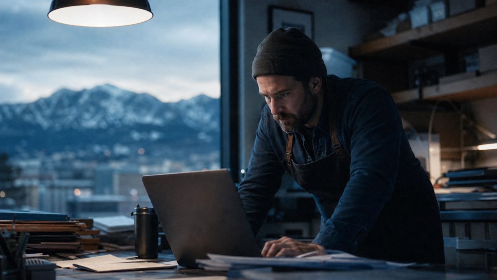 A small-business owner in an apron leaning over a laptop on a cluttered back-office desk late in the day, photographed in Colorado Springs