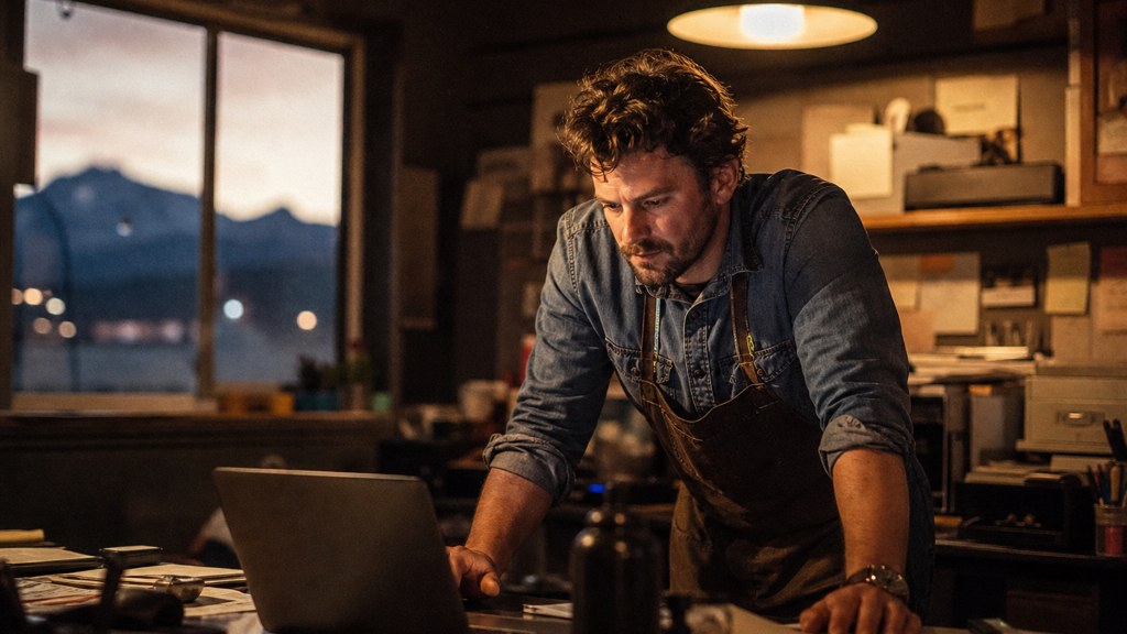 A small-business owner in an apron leaning over a laptop on a cluttered back-office desk late in the day, photographed in Colorado Springs