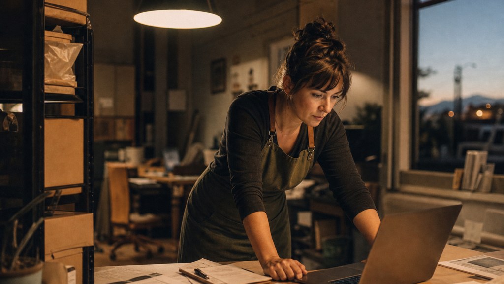 A small-business owner in an apron leaning over a laptop on a cluttered back-office desk late in the day, photographed in Colorado Springs