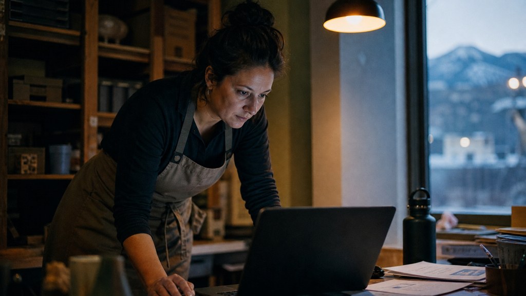 A small-business owner in an apron leaning over a laptop on a cluttered back-office desk late in the day, photographed in Colorado Springs