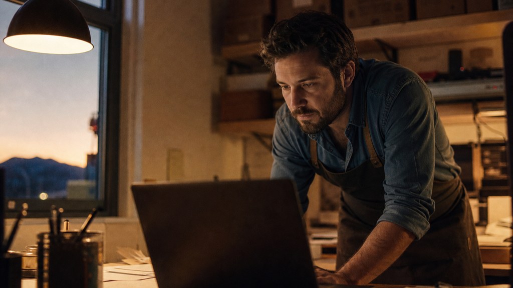 A small-business owner in an apron leaning over a laptop on a cluttered back-office desk late in the day, photographed in Colorado Springs