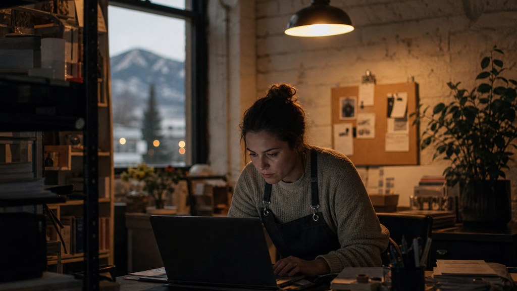 A small-business owner in an apron leaning over a laptop on a cluttered back-office desk late in the day, photographed in Colorado Springs