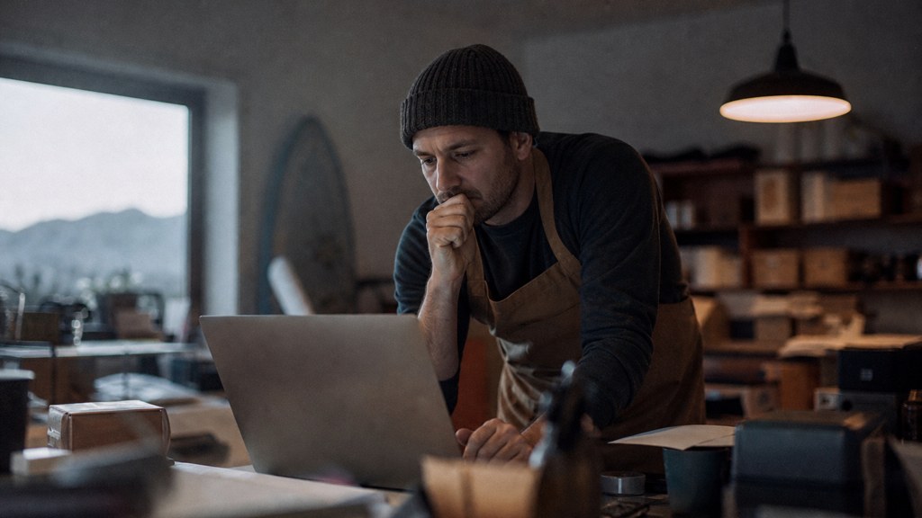 A small-business owner in an apron leaning over a laptop on a cluttered back-office desk late in the day, photographed in Colorado Springs