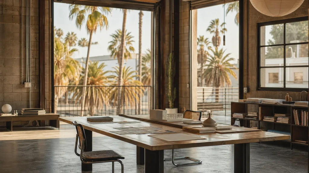 Editorial photograph of an empty design studio workspace in a Los Angeles warehouse conversion with roller doors, palms outside and warm late light
