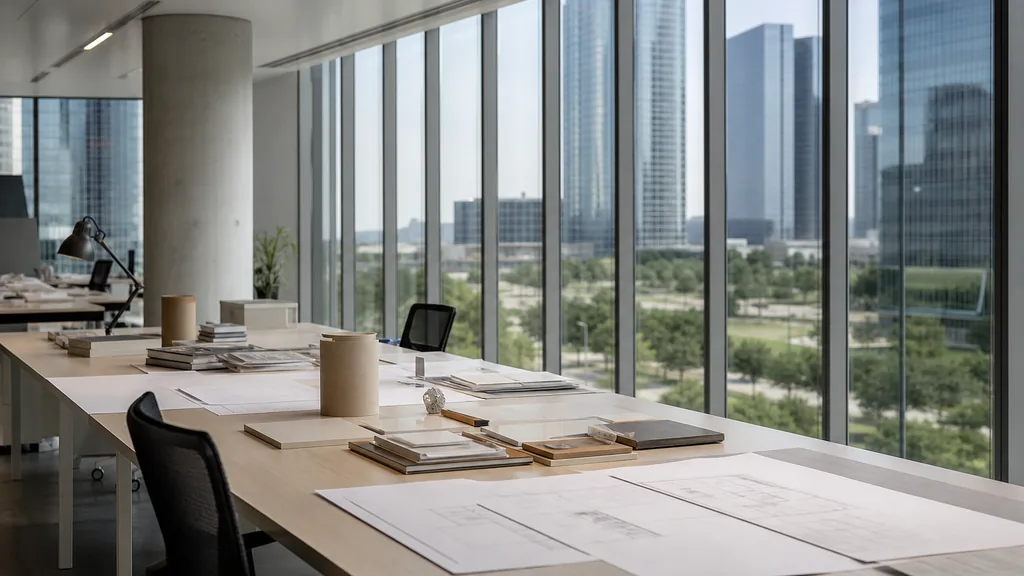 Editorial photograph of an empty design studio workspace in a Houston office with pale desks and tall windows onto glass towers and green medians