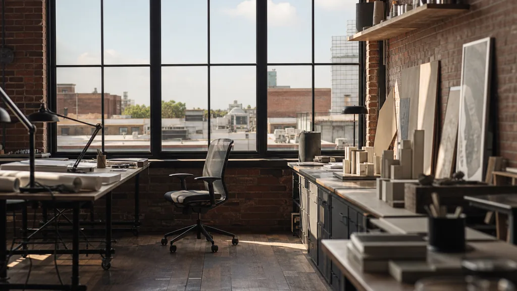 Editorial photograph of an empty design studio workspace in a Dallas brick building with black steel windows onto low rooftops and open sky