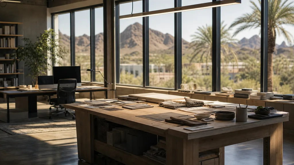 Editorial photograph of an empty design studio workspace in a Phoenix office with concrete floors and wide windows onto desert ridges and dry palms