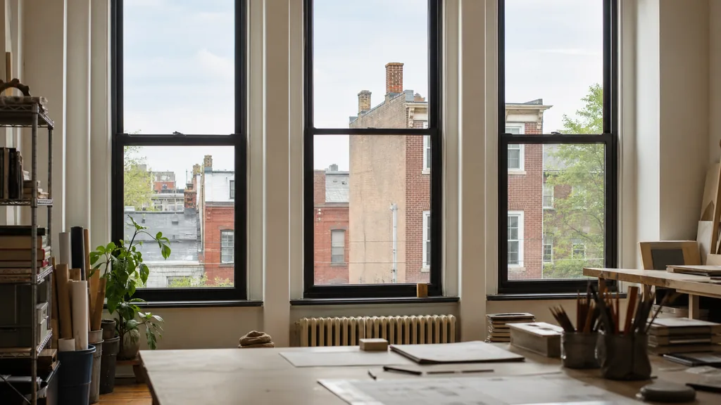 Editorial photograph of an empty design studio workspace in a Philadelphia row building with tall sash windows onto brick rooftops