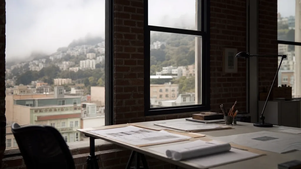 Editorial photograph of an empty design studio workspace in a San Francisco brick building with tall windows onto hillside rooftops and low fog