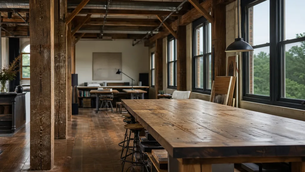Editorial photograph of an empty design studio workspace in an Atlanta converted mill with heavy timber beams and windows onto pine canopy