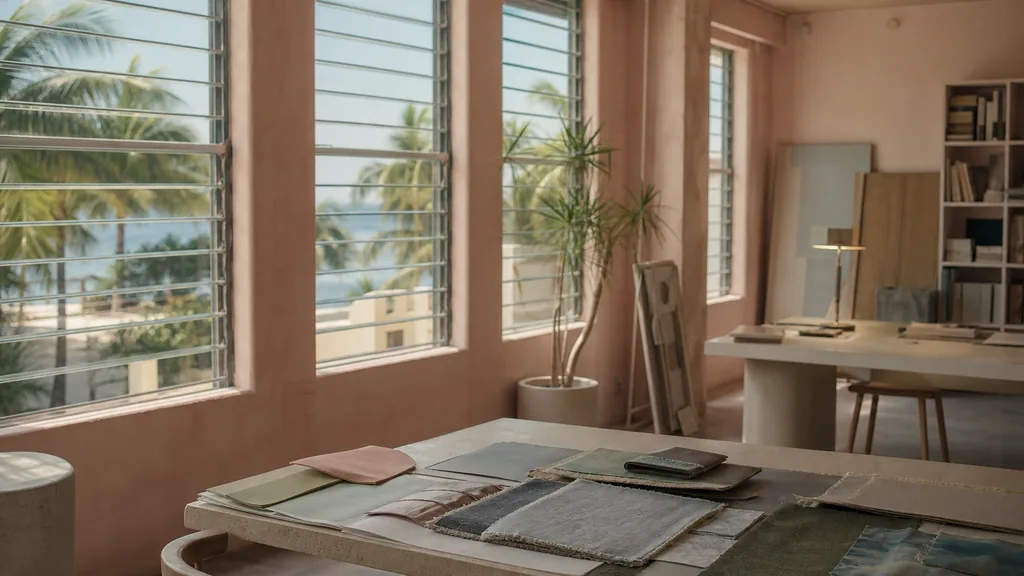 Editorial photograph of an empty design studio workspace in a Miami pastel building with louvred windows onto palms and ocean light