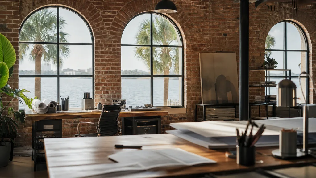 Editorial photograph of an empty design studio workspace in a Tampa brick warehouse with arched windows onto bay water and palms