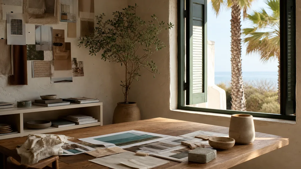 Editorial photograph of an empty design studio workspace in a San Diego stucco building with open shutters onto palms and bright coastal light