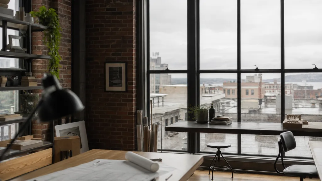 Editorial photograph of an empty design studio workspace in a Seattle brick warehouse with steel windows onto wet rooftops and grey cloud