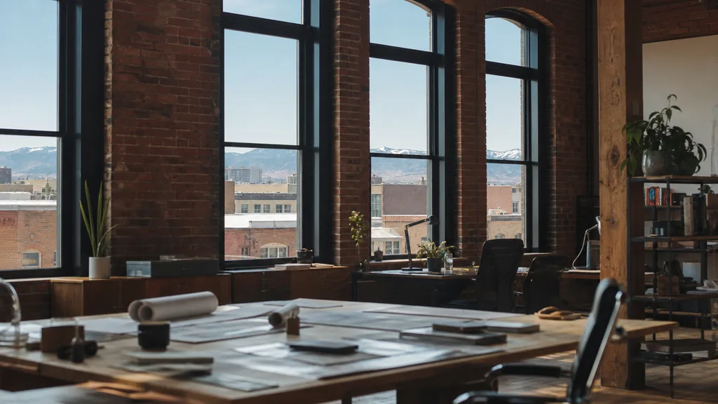 Editorial photograph of an empty design studio workspace in a Denver brick building with tall windows onto low rooftops and distant mountains