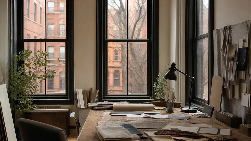 Editorial photograph of an empty design studio workspace in a Boston brownstone with sash windows onto brick terraces and bare trees