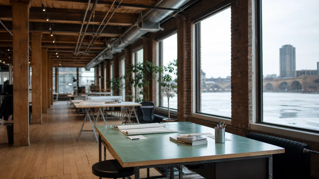 Editorial photograph of an empty design studio workspace in a Minneapolis mill conversion with timber beams and windows onto river ice