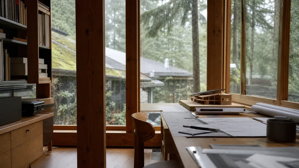 Editorial photograph of an empty design studio workspace in a Portland timber building with tall windows onto rain-dark firs and mossy roofs