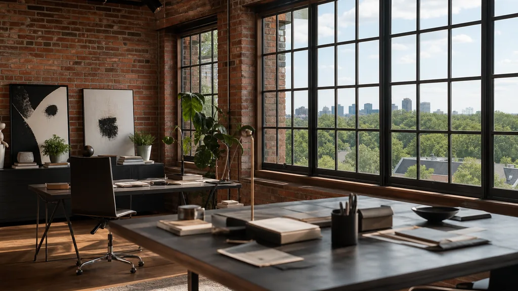 Editorial photograph of an empty design studio workspace in a Charlotte brick mill with black steel windows onto oak canopy and low rooftops