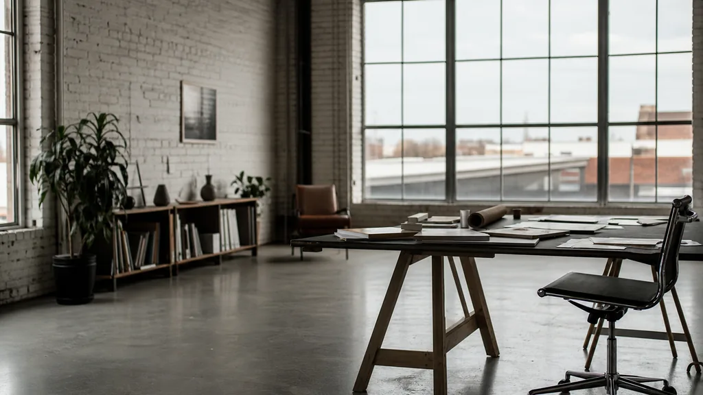 Editorial photograph of an empty design studio workspace in a Nashville warehouse with painted brick and windows onto low roofs and hot sky