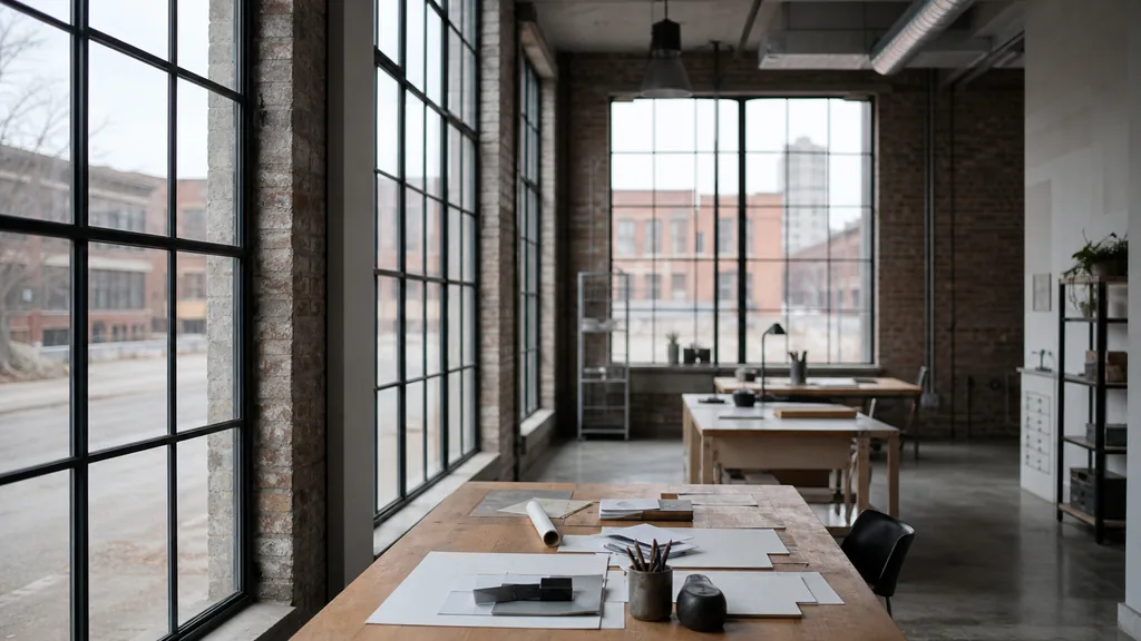 Editorial photograph of an empty design studio workspace in a Detroit industrial building with tall steel windows onto brick walls and empty lots