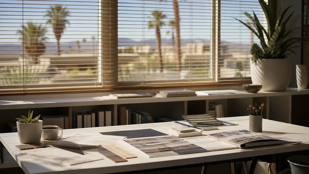 Editorial photograph of an empty design studio workspace in a Las Vegas low building with wide blinds onto dry palms and desert glare
