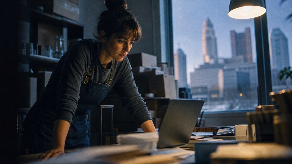 A small-business owner in an apron leaning over a laptop on a cluttered back-office desk late in the day, photographed in Columbus