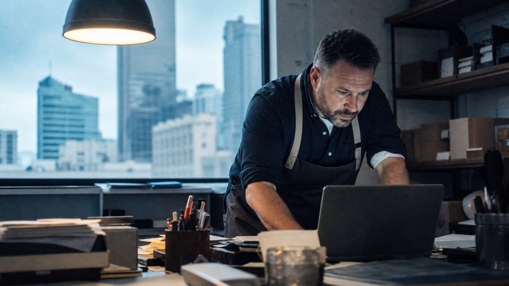 A small-business owner in an apron leaning over a laptop on a cluttered back-office desk late in the day, photographed in Columbus