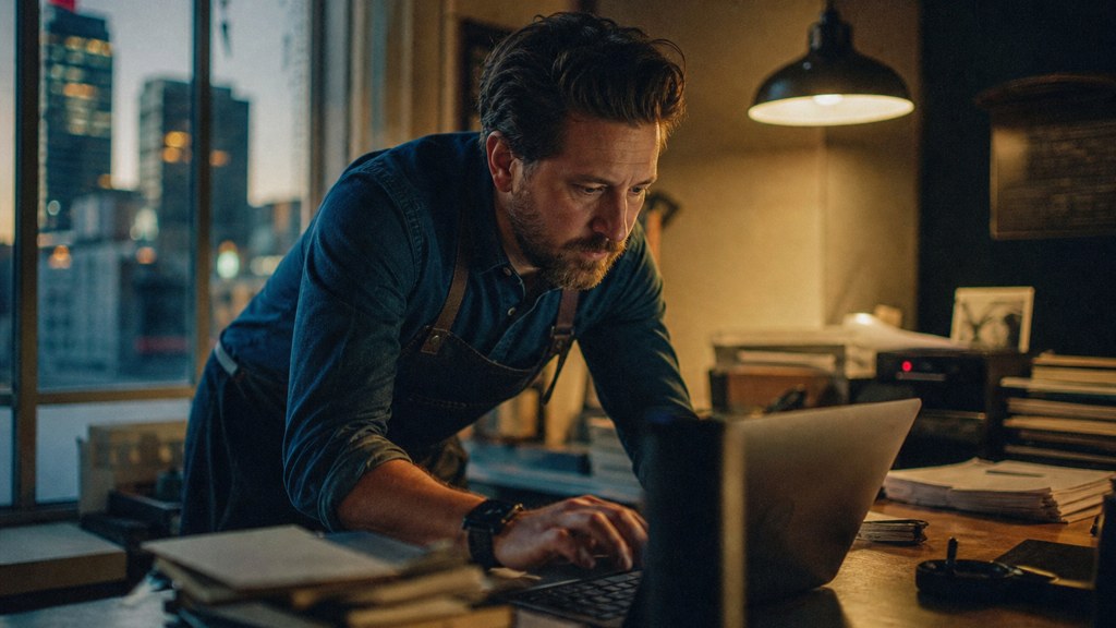 A small-business owner in an apron leaning over a laptop on a cluttered back-office desk late in the day, photographed in Columbus