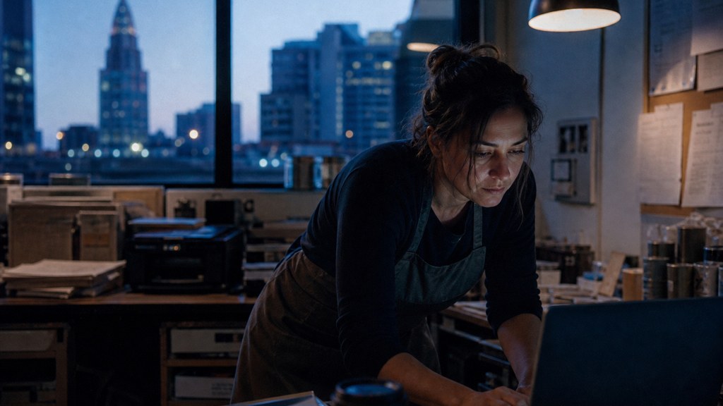A small-business owner in an apron leaning over a laptop on a cluttered back-office desk late in the day, photographed in Columbus
