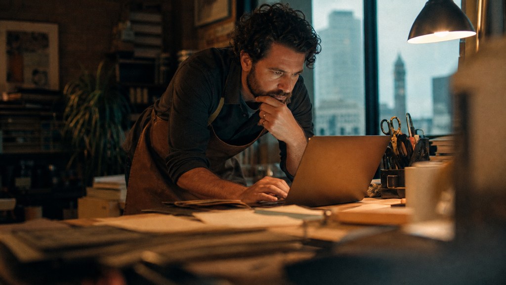 A small-business owner in an apron leaning over a laptop on a cluttered back-office desk late in the day, photographed in Columbus