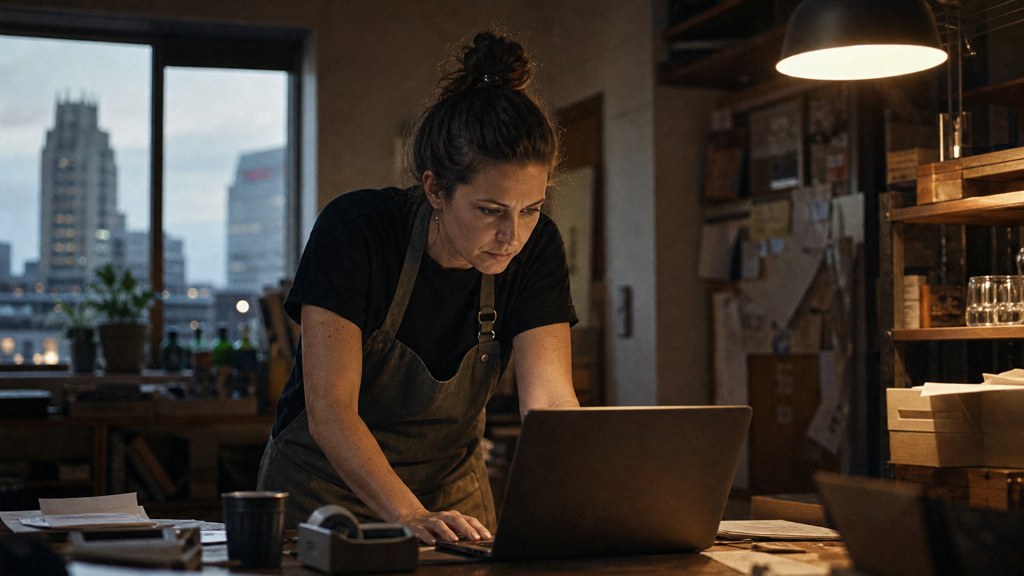 A small-business owner in an apron leaning over a laptop on a cluttered back-office desk late in the day, photographed in Columbus