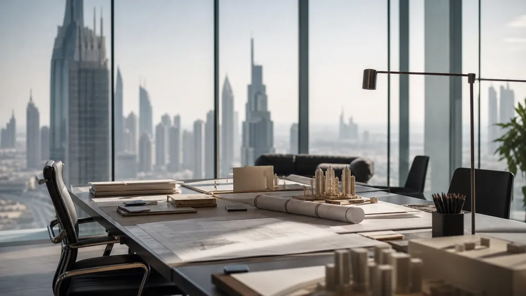 Editorial photograph of an empty design studio workspace in a Dubai glass tower with floor-to-ceiling windows onto hazy high-rise skyline and desert light