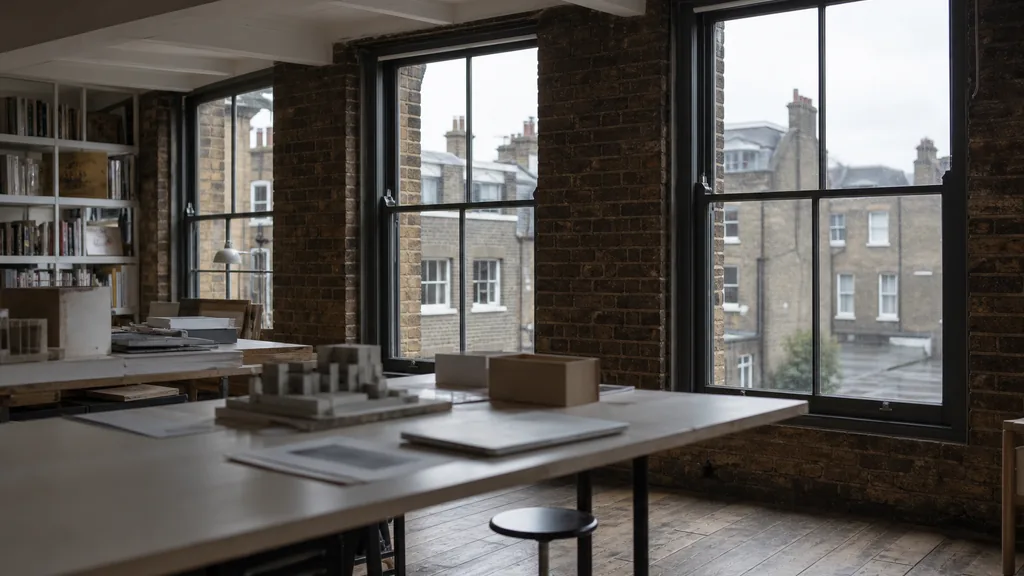 Editorial photograph of an empty design studio workspace in a London Victorian warehouse conversion with sash windows onto wet brick terraces and grey sky