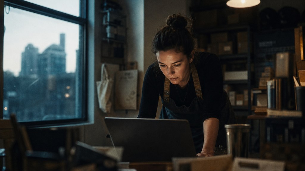 A small-business owner in an apron leaning over a laptop on a cluttered back-office desk late in the day, photographed in Columbus