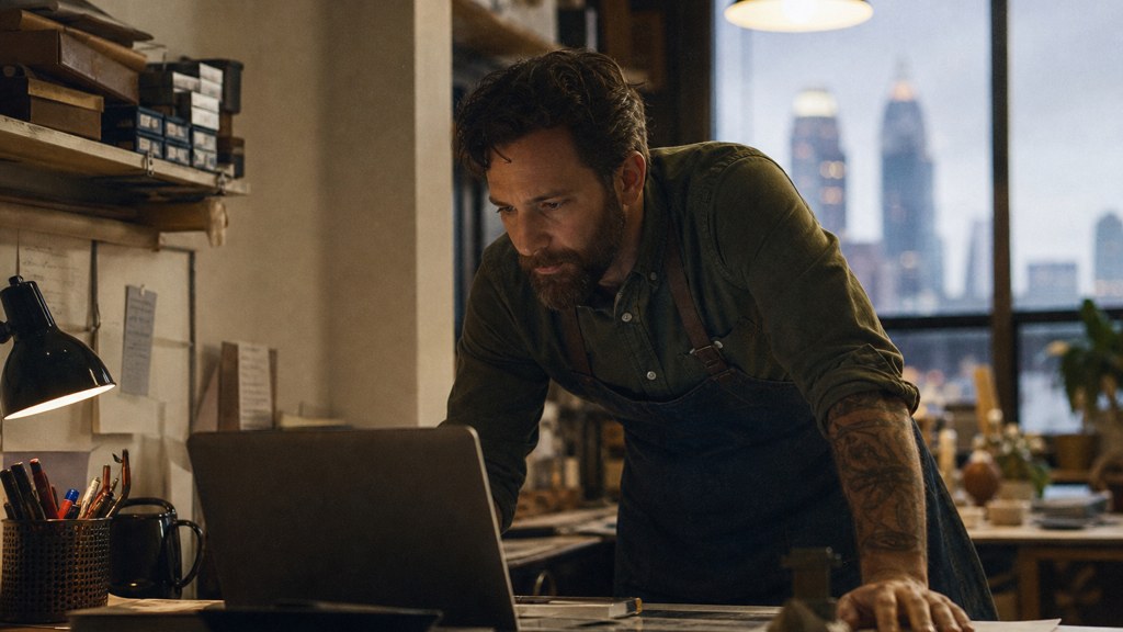 A small-business owner in an apron leaning over a laptop on a cluttered back-office desk late in the day, photographed in Columbus